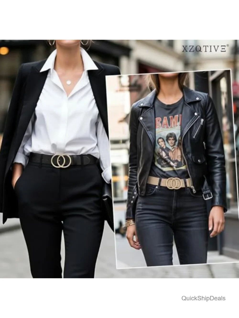 3 Pack Women's Faux Leather Belts Double O-Ring Gold Buckle